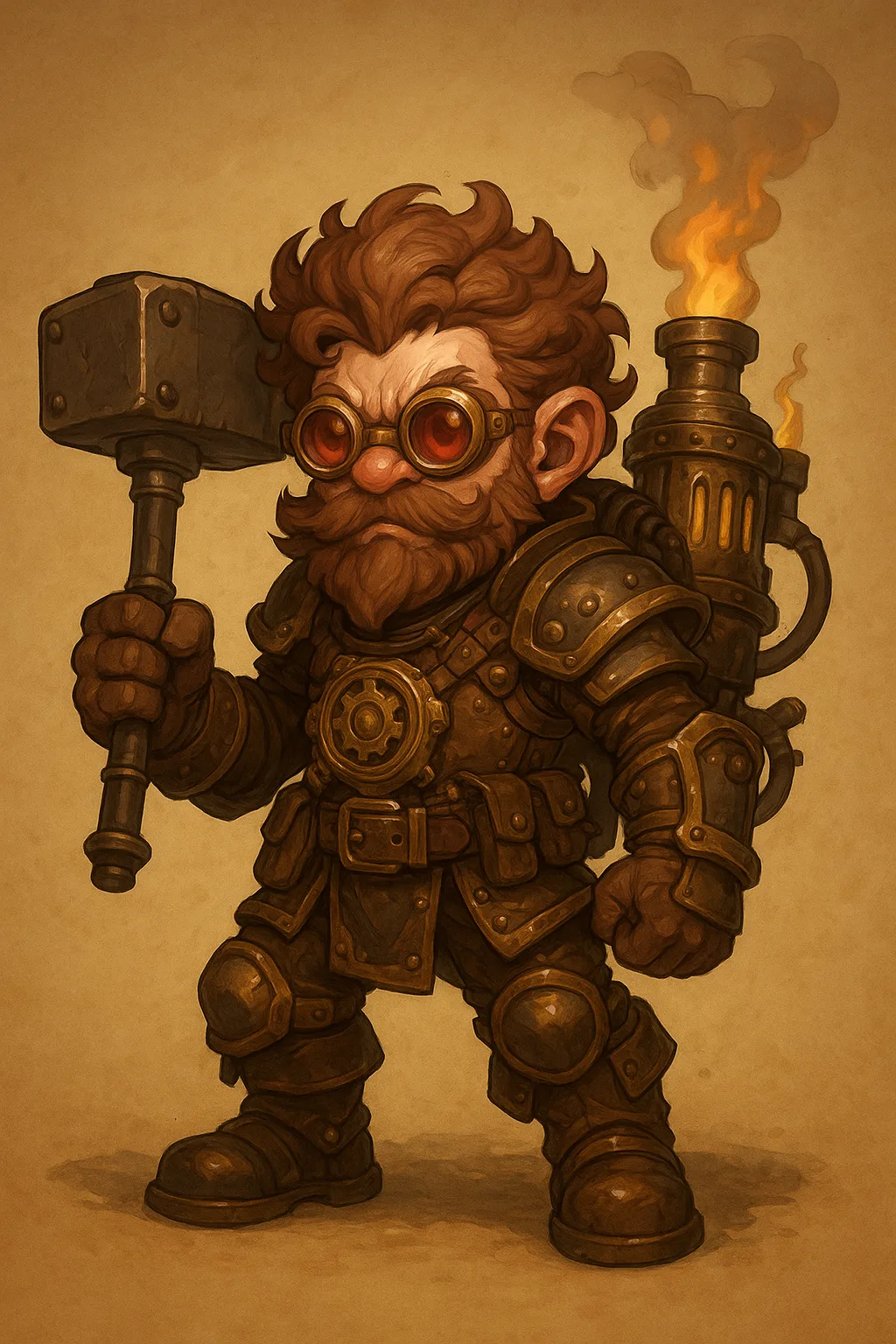 An illustrated, chibi-style rendition of Fizzwick Ironwhirl as a barbarian — a stocky gnome with wild hair, red-lensed goggles, a warhammer slung over one shoulder, and a flaming steampunk device strapped to his back, against a sepia parchment background