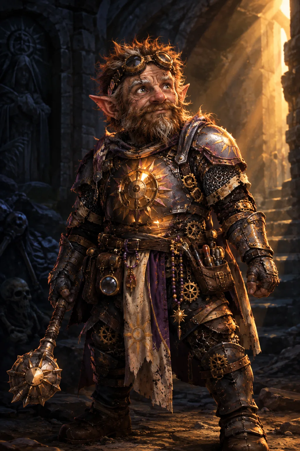 Fizzwick Sparkmender, fully reborn, standing in ornate sunburst-emblazoned armor in a sunlit dungeon corridor, mace in hand, looking up toward a shaft of golden light