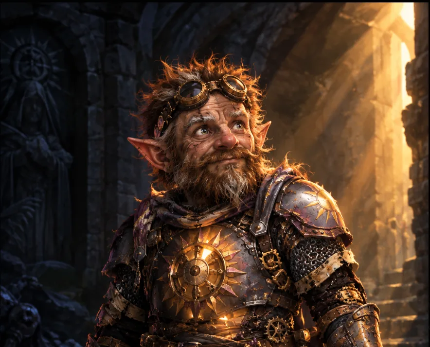 Fizzwick Sparkmender, a rock gnome cleric of Lathander, standing in a sunlit dungeon corridor in ornate armor with a sunburst chestplate, goggles pushed up into his wind-blown hair, looking up toward a shaft of golden light