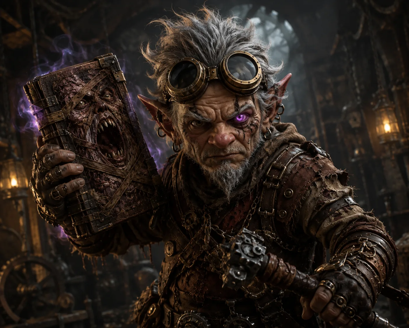 Fizzwick gripping the Book of the Dead, one eye glowing violet and corrupted, snarling as purple energy licks off the tome's screaming, bandaged cover, in a dim chamber lit by hanging lanterns