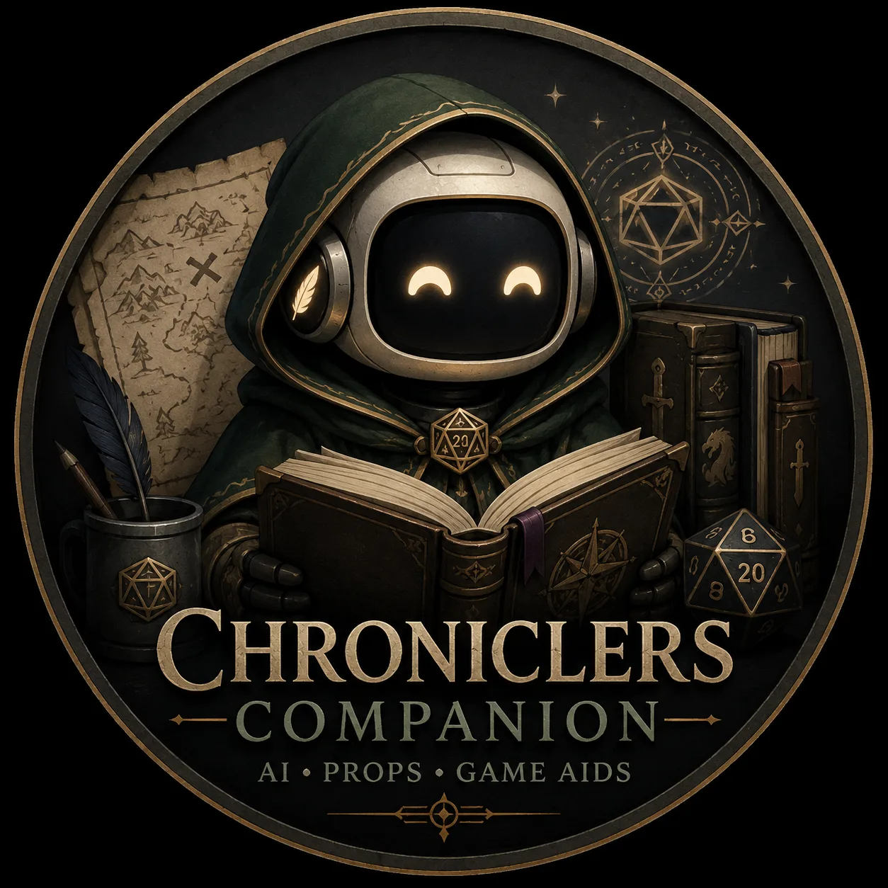 Chronicler bot avatar — a hooded robot reading a tome surrounded by D20s and a map, rendered in dark fantasy style