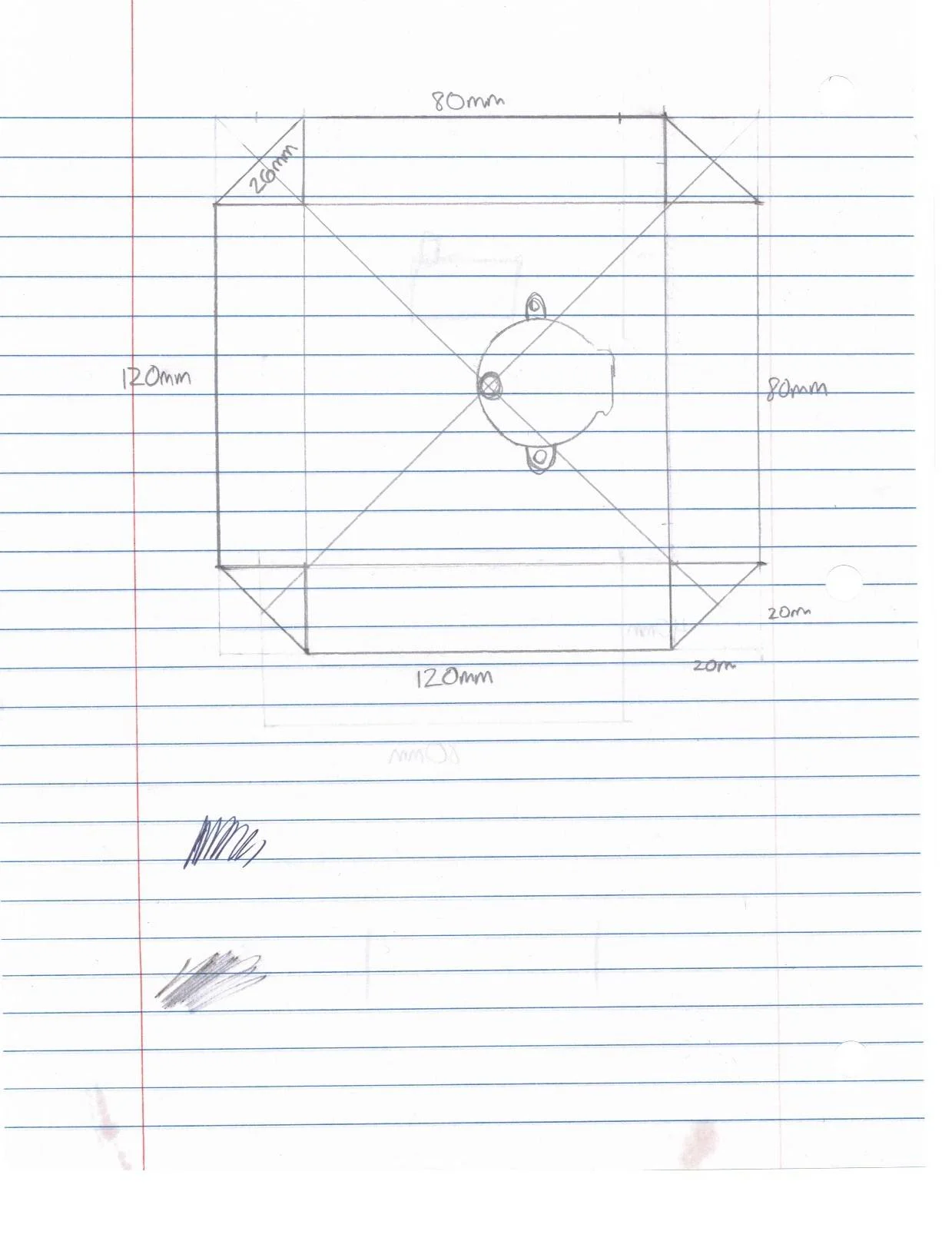 Pencil sketch of the housing footprint: a 120mm by 120mm square with 20mm chamfered corners, the stepper motor centered with mounting ear holes marked