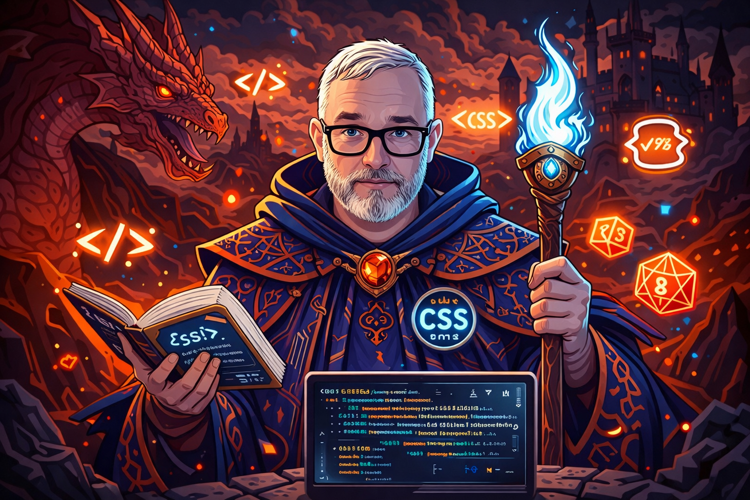 Andrew Garman — a generated illustration of the author as a css wizard with a mix of coding and dungeon master dice