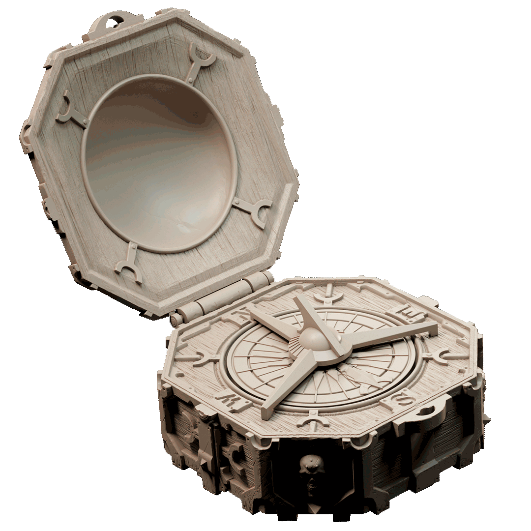 A detailed 3D render of an ornate nautical compass with brass fittings and a glowing face